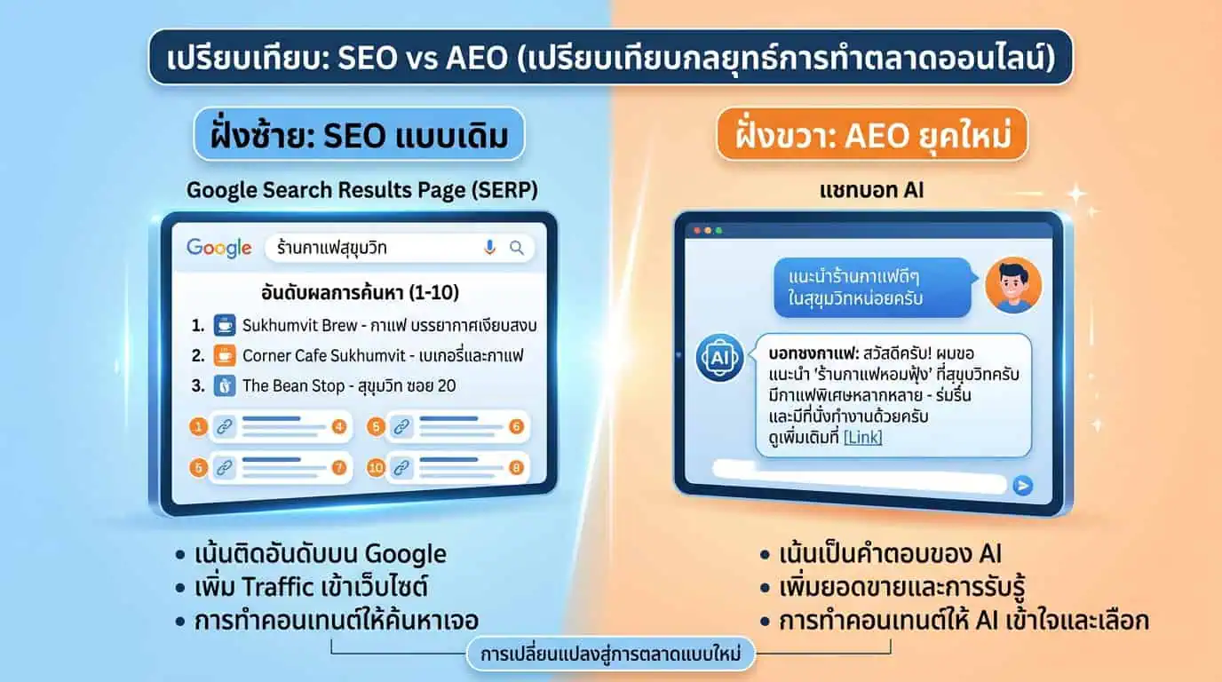AEO คือ อะไร? วิธีทำให้ AI แนะนำร้านคุณ 2026 | My Map Finder 3 เปรียบเทียบ aeo คือ อะไร กับ SEO แบบเดิม