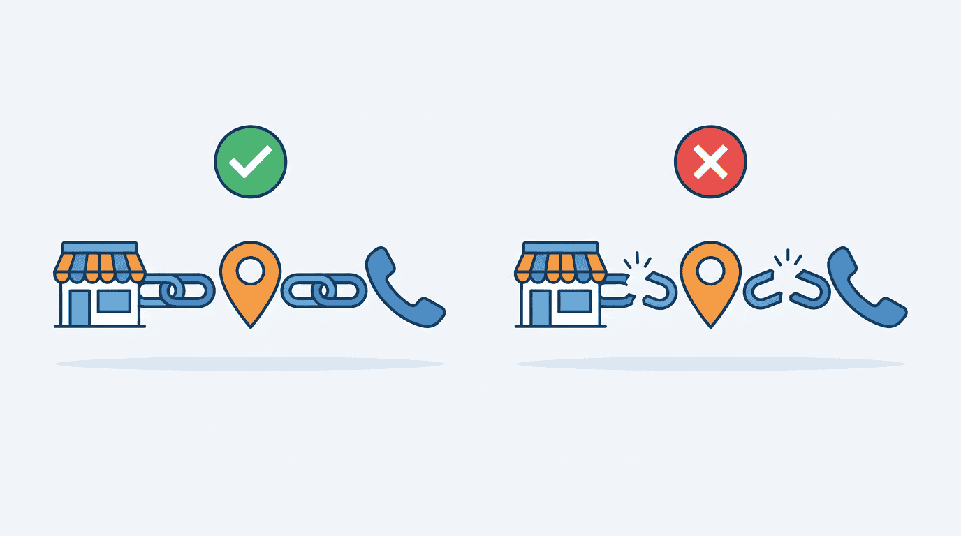 อันดับ Google Map ตก? เช็ค 5 จุดนี้ก่อนแก้ (2026) 4 ภาพประกอบข้อมูล NAP ตรงกันช่วยป้องกันอันดับ local seo ตก