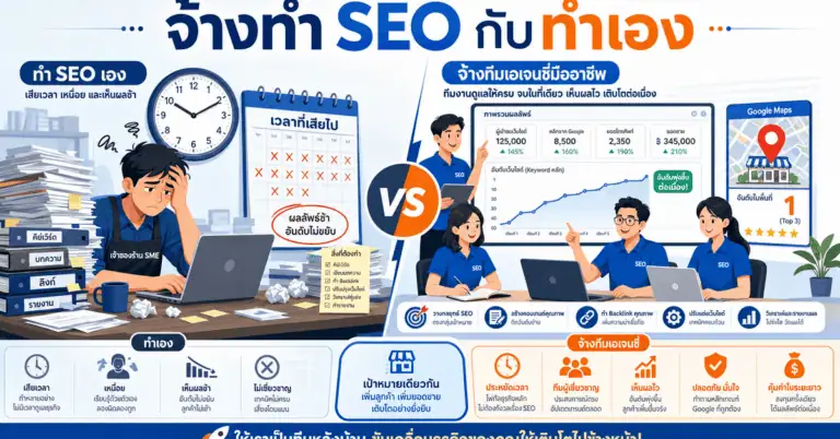 จ้างทำ SEO กับทำเอง SME เลือกทางไหนดี? คิดเลขให้ดู 2026 2 เปรียบเทียบจ้างทำ seo กับทำเองสำหรับ SME