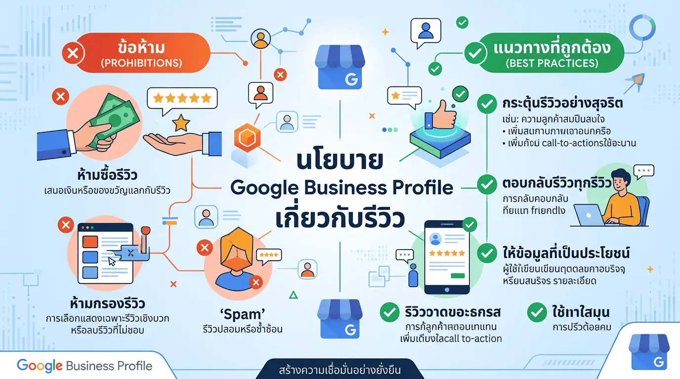 วิธีขอรีวิว Google ให้ถูกกติกา 2026 (แบบไหนโดนแบน) 3 ภาพเปรียบเทียบการขอรีวิว google ที่ทำได้ กับข้อห้ามตามนโยบาย Google Business Profile | วิธีขอรีวิว google