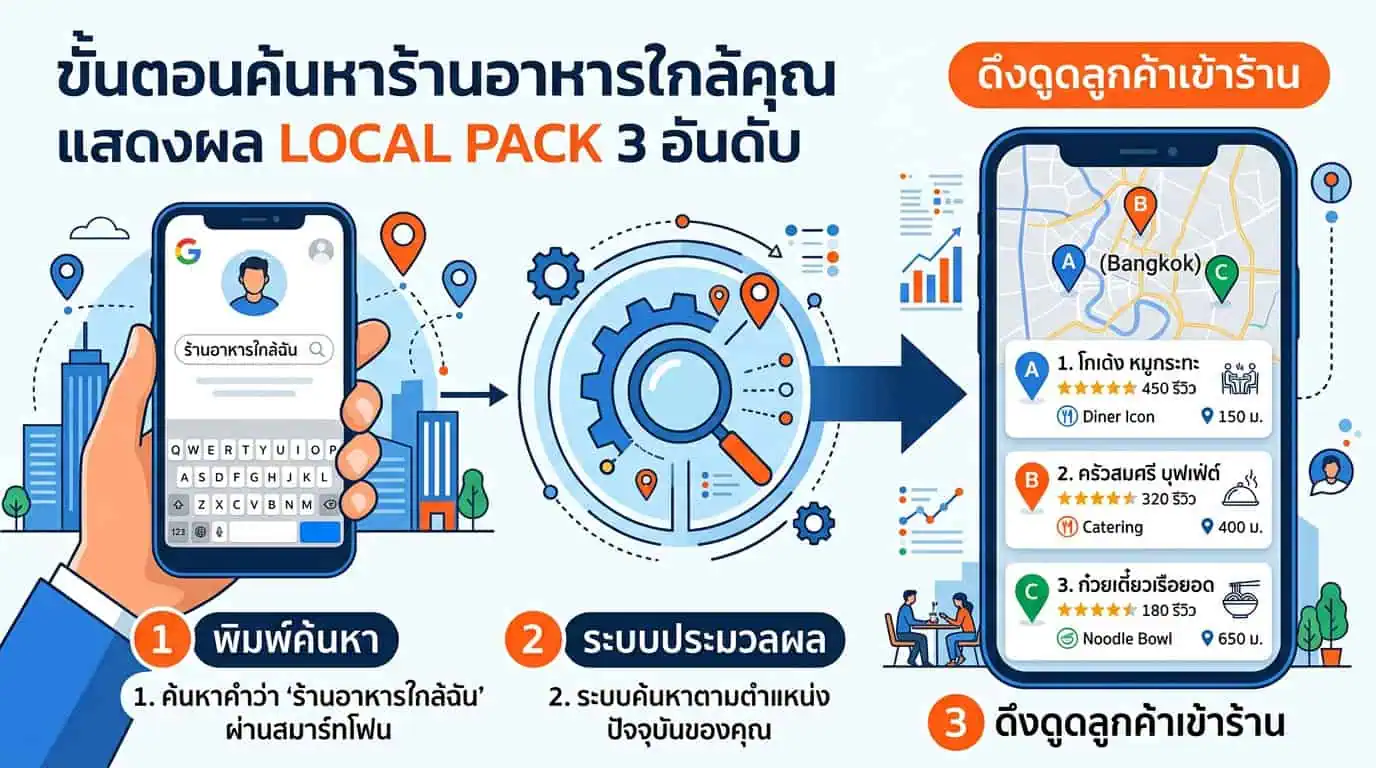 ร้านอาหาร Google Maps 2026: ทำคาเฟ่ติดอันดับ ลูกค้าเดินเข้าร้าน 3 ร้านอาหารใกล้ฉัน seo แสดง Local Pack 3 อันดับบน Google Maps
