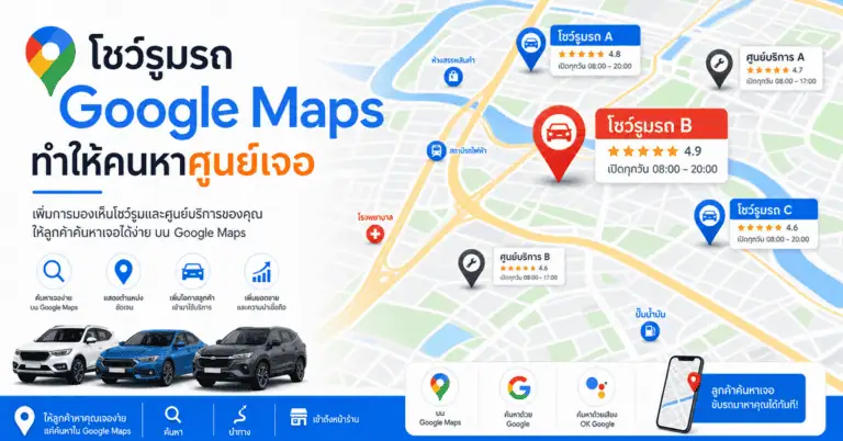 โชว์รูมรถ Google Maps 2026: ทำให้คนหาศูนย์เจอก่อนคู่แข่ง 2 โชว์รูมรถ google maps แผนที่แสดงหมุดศูนย์บริการรถยนต์