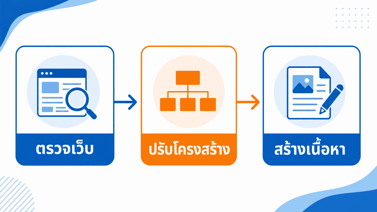 รับทำ AI Search 2026 | ปรับเว็บให้ AI แนะนำจริง 3 ผังขั้นตอนการทำ SEO ให้ติด AI Search ตั้งแต่ตรวจเว็บถึงสร้างเนื้อหา