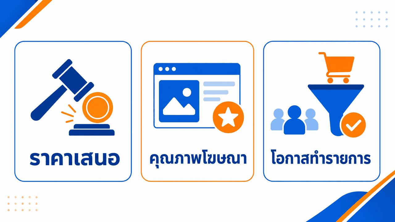 ผังอธิบายปัจจัยกำหนด facebook ads ราคา ในระบบประมูลโฆษณา