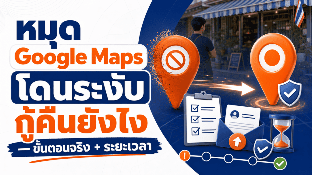 หมุด Google Map โดนระงับ — ภาพประกอบเส้นทางจากหมุดสีเทาไปหมุดสีน้ำเงิน พร้อมไอคอนแฟ้มเอกสาร แว่นขยาย ซองจดหมาย และเครื่องหมายถูก