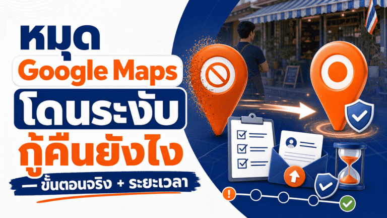 หมุด Google Maps โดนระงับ กู้คืนยังไง — ขั้นตอนจริง + ระยะเวลา 2 หมุด Google Map โดนระงับ — ภาพประกอบเส้นทางจากหมุดสีเทาไปหมุดสีน้ำเงิน พร้อมไอคอนแฟ้มเอกสาร แว่นขยาย ซองจดหมาย และเครื่องหมายถูก