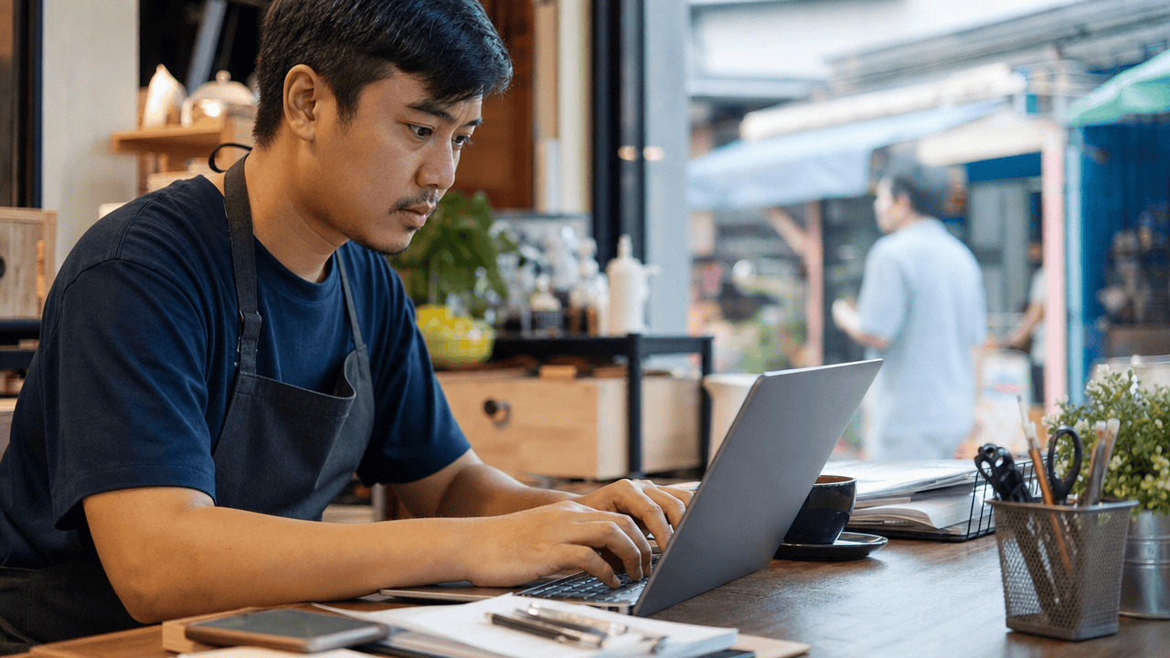 Google My Business เข้าสู่ระบบ 2026: วิธีล็อกอินฉบับสมบูรณ์ 4 เจ้าของร้านสวมผ้ากันเปื้อนนั่งใช้โน้ตบุ๊กในร้าน ภาพประกอบบทความ google my business เข้าสู่ระบบ
