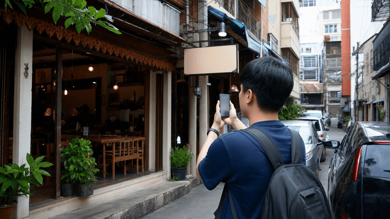 วิธีสร้างโลเคชั่นของตัวเอง บน Google Maps ฉบับทำตามได้จริง 2026 4 คนถือมือถือยืนหน้าร้านกำลังตรวจสอบวิธีปักหมุดร้านตัวเองให้ตรงตำแหน่งจริง