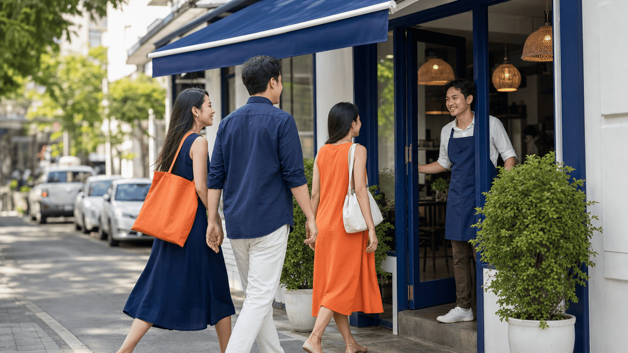 ลูกค้าเดินเข้าร้านโดยมีเจ้าของร้านยืนต้อนรับ — Local SEO Google My Business