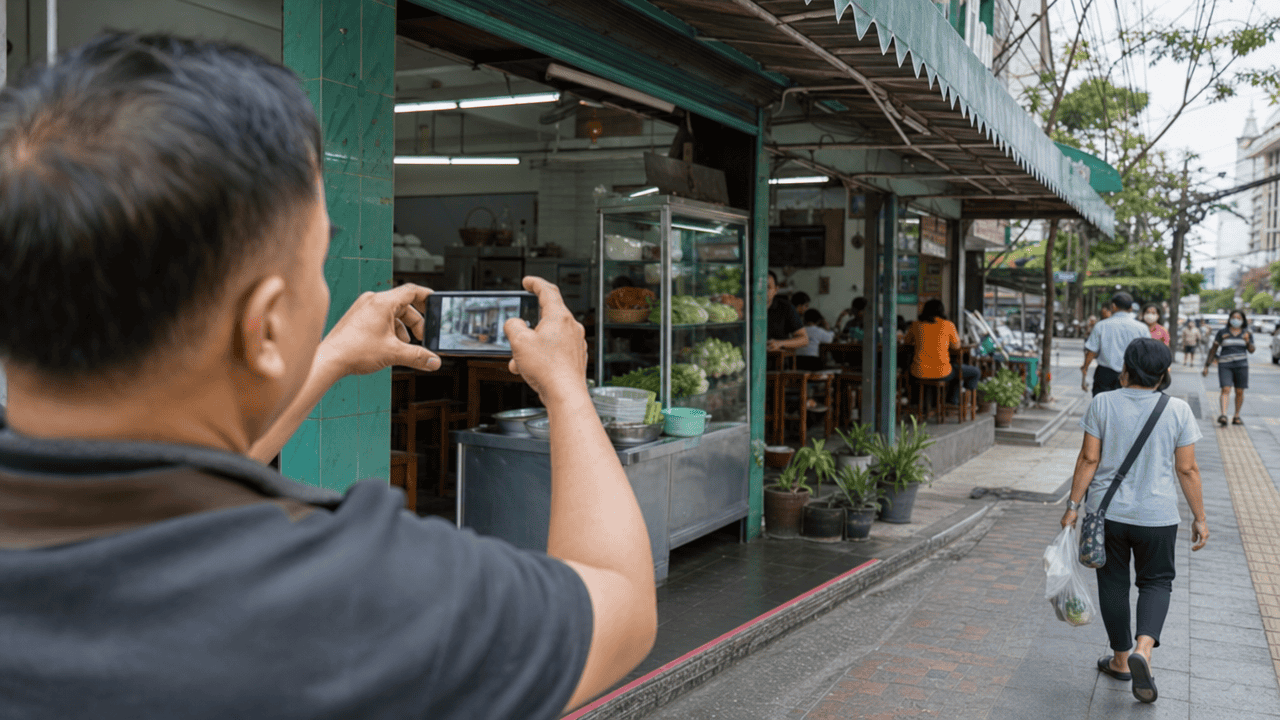 Local SEO คือ อะไร? คู่มือฉบับเข้าใจง่าย 2026 4 เจ้าของธุรกิจถ่ายภาพหน้าร้านสำหรับอัปเดต วิธีทำ local seo ให้ลูกค้าเจอง่ายขึ้น