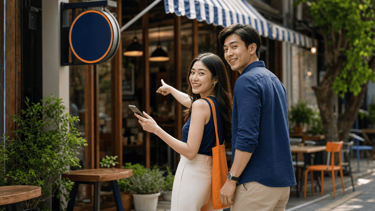 คู่ลูกค้ายืนหน้าคาเฟ่หลังค้นหาร้านเจอบนมือถือ — ร้านอาหารใกล้ฉัน seo แสดง Local Pack 3 อันดับบน Google Maps — ร้านอาหาร googl