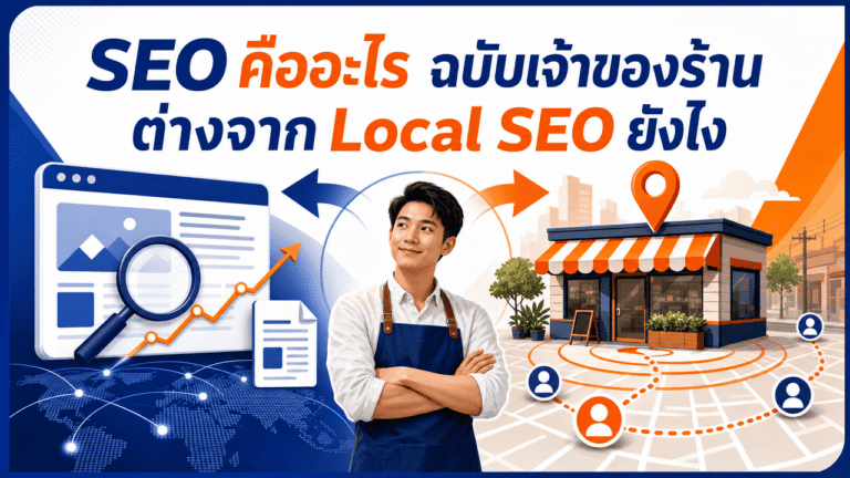 SEO คืออะไร ฉบับเจ้าของร้าน 2026 ต่างจาก Local SEO ยังไง 2 เจ้าของร้านกำลังเรียนรู้ว่า seo คืออะไร ผ่านมือถือหน้าร้าน