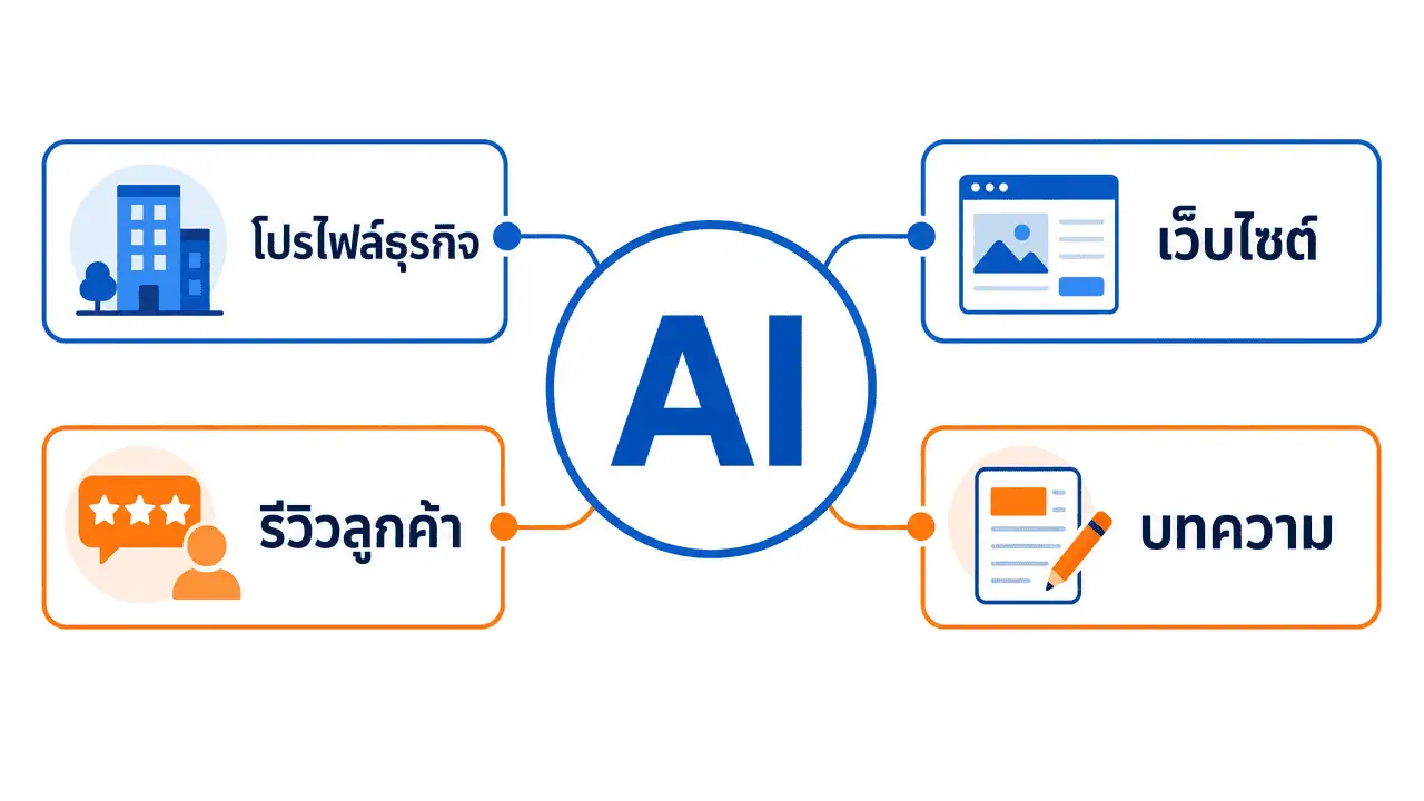 ทำให้ AI แนะนำร้าน หาดใหญ่ 2026: คู่มือ AEO ฉบับลงมือทำ 4 ผังไดอะแกรมแสดง AI เป็นศูนย์กลางเชื่อมโยงกับแหล่งข้อมูล 4 อย่าง ได้แก่ โปรไฟล์ธุรกิจ เว็บไซต์ รีวิวลูกค้า และบทความ — ทำให้ ai แนะนำร้าน หาดใหญ่