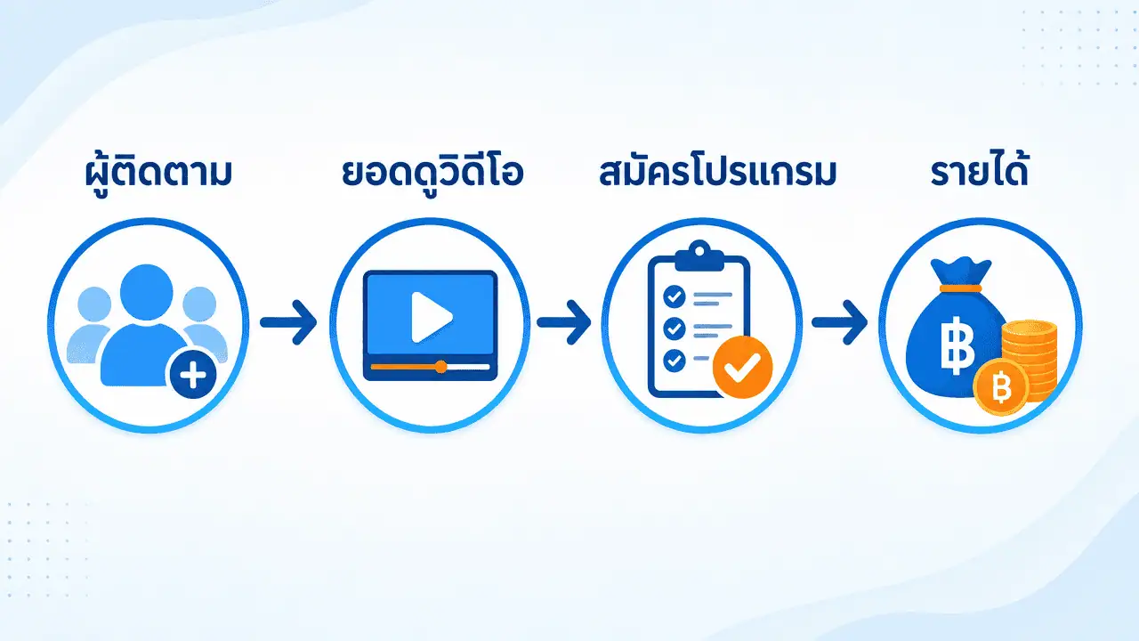 ครีเอเตอร์ดิจิทัล Facebook คืออะไร? เงื่อนไข-รายได้ 2026 3 ผังไดอะแกรมแสดงขั้นตอน 4 ขั้นตอน ได้แก่ ผู้ติดตาม ยอดดูวิดีโอ สมัครโปรแกรม และรายได้ — ครีเอเตอร์ดิจิทัล facebook คืออะไร