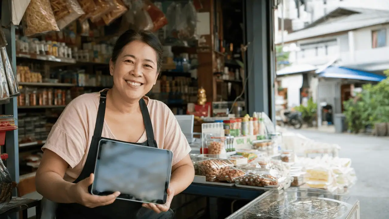 ทำตัวหนา Facebook 2026: วิธีพิมพ์ตัวหนาโพสต์และแชทฉบับใช้จริง 4 ภาพเจ้าของร้านค้าขนาดเล็ก (ร้านโชห่วย) เป็นผู้หญิงยืนถือแท็บเล็ตที่หน้าจอมืดว่างเปล่า ยิ้มให้กล้อง — ทำตัวหนา facebook