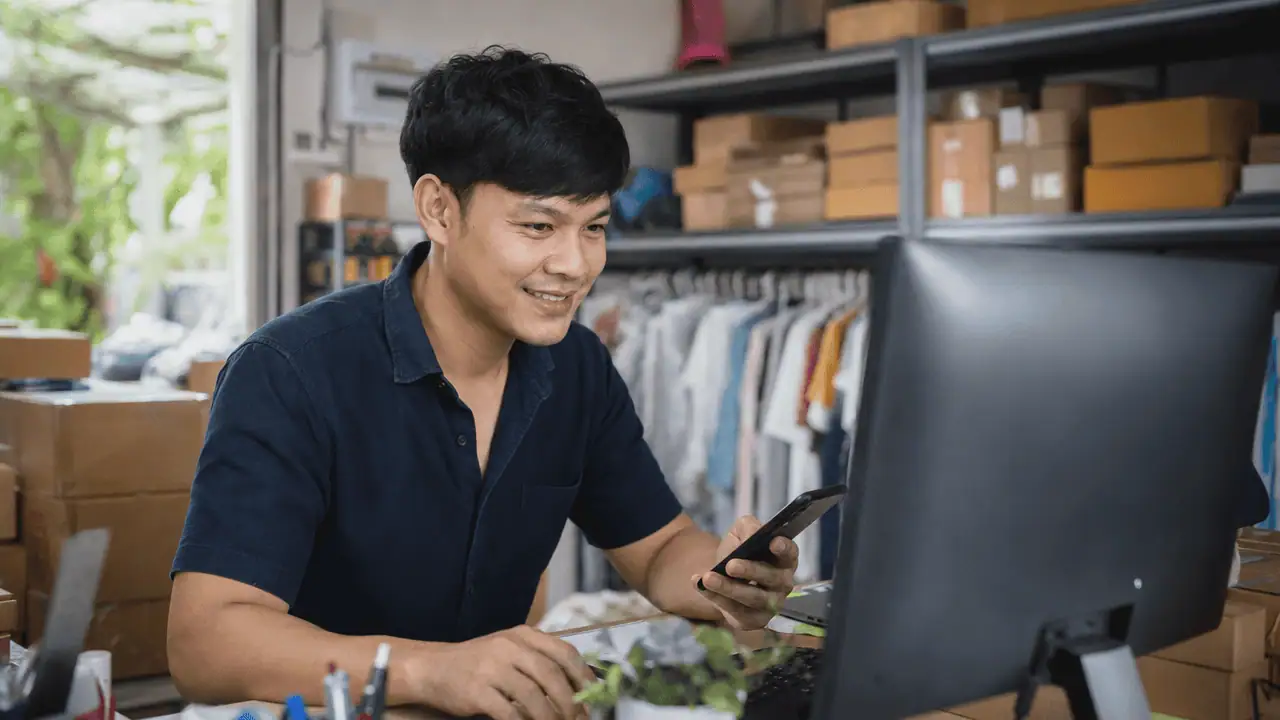 ข้อความตอบกลับแบบคีย์เวิร์ด คืออะไร ตั้งใน FB-LINE OA (2026) 4 ภาพชายหนุ่มยืนยิ้มถือสมาร์ทโฟนอยู่หน้าจอคอมพิวเตอร์ (จอมืด มองไม่เห็นเนื้อหา) — ข้อความตอบกลับแบบคีย์เวิร์ด