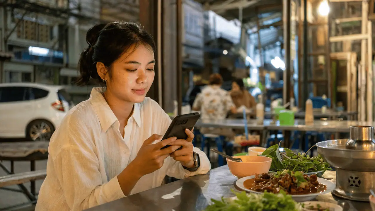 LINE Ads คืออะไร? คู่มือใช้งานเครื่องมือโฆษณา LINE 2026 4 ลูกค้าเปิดมือถือดูข้อความหลังเห็นโฆษณา line ads platform จากร้านอาหาร