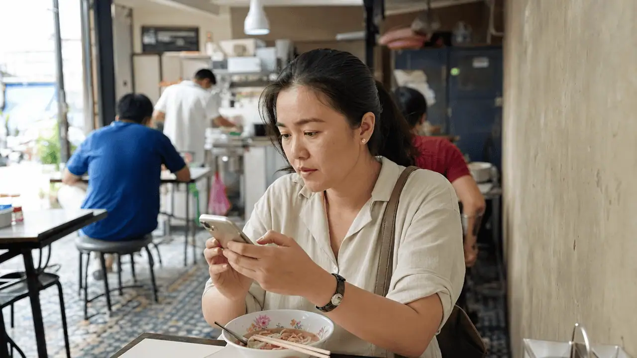 โปรโมทร้าน 2026: คำพูด แคปชั่น โพสต์ที่ใช้ได้จริง 3 ภาพผู้หญิงนั่งดูโทรศัพท์มือถือในร้านอาหาร โดยมีชามก๋วยเตี๋ยวอยู่ตรงหน้า และมีคนอื่นๆ กำลังทำอาหาร/นั่งกินอยู่ในบรรยากาศร้าน — โปรโมทร้าน