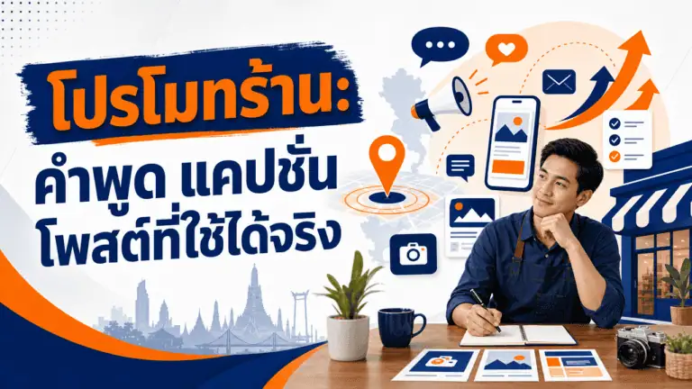 โปรโมทร้าน 2026: คำพูด แคปชั่น โพสต์ที่ใช้ได้จริง 2 เจ้าของร้านถือมือถือเตรียมโปรโมทร้านหน้าร้านกาแฟ
