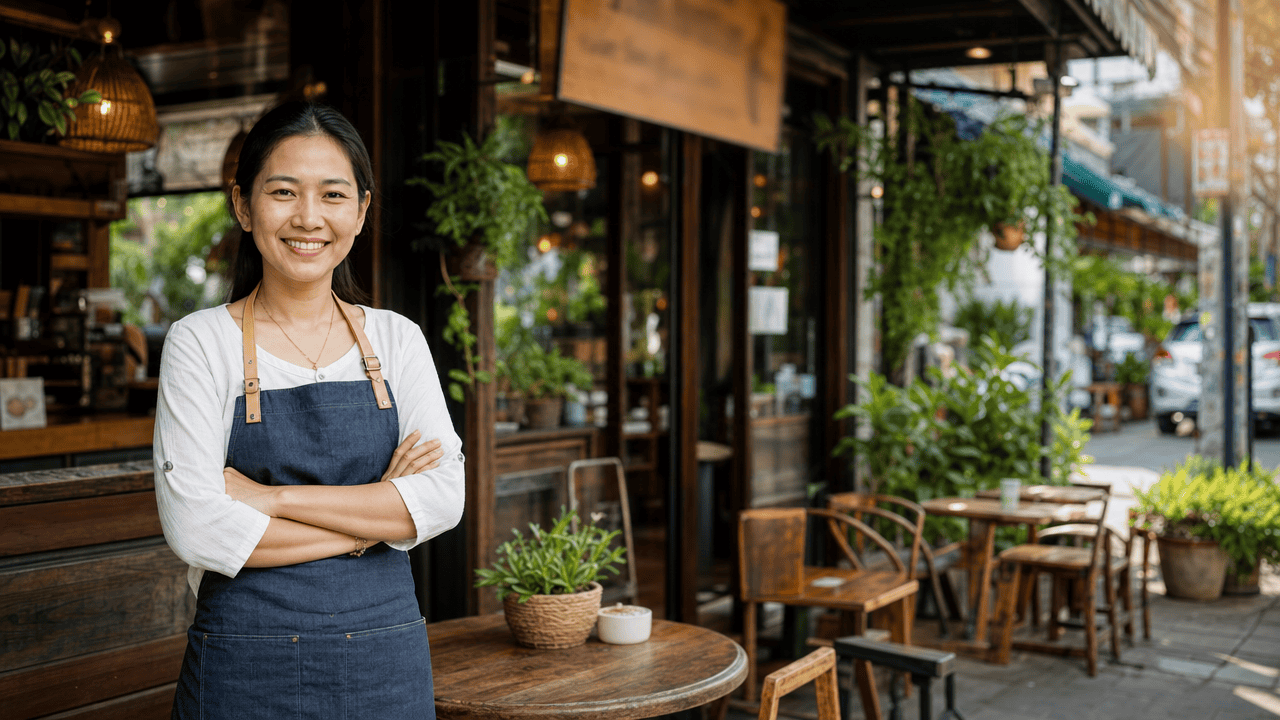 เจ้าของร้านกาแฟยืนยิ้มหน้าร้านของตัวเอง มีโต๊ะไม้และต้นไม้ในกระถาง — ธุรกิจท้องถิ่นกับ seo offpage