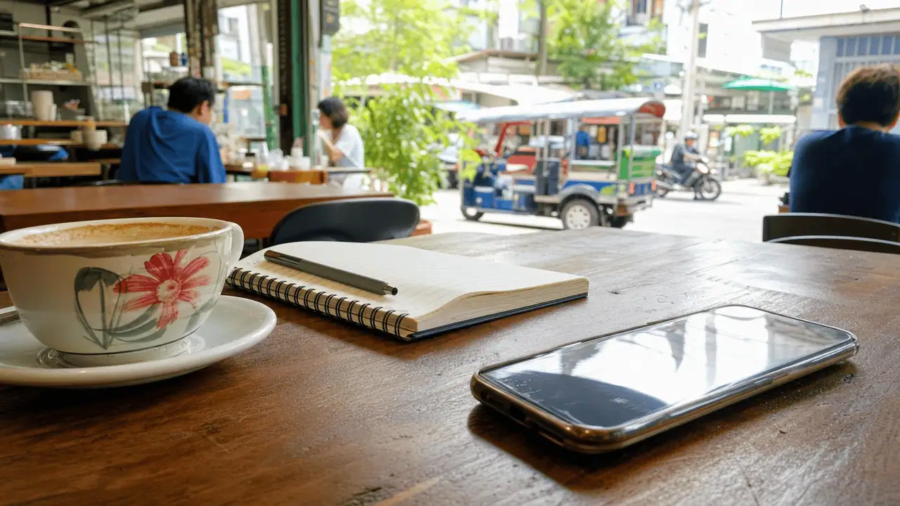 เปลี่ยนชื่อร้านใน Google Map ทำยังไง ไม่โดนระงับ (2026) 4 ภาพบรรยากาศร้านกาแฟ มีโต๊ะไม้วางแก้วกาแฟ สมุดโน้ต และโทรศัพท์มือถือวางราบอยู่บนโต๊ะ หน้าจอมืดไม่มีการใช้งาน เห็นคนนั่งอยู่ด้านหลังและทุกวันข้าวนอกร้าน — เปลี่ยนชื่อร้านใน google map