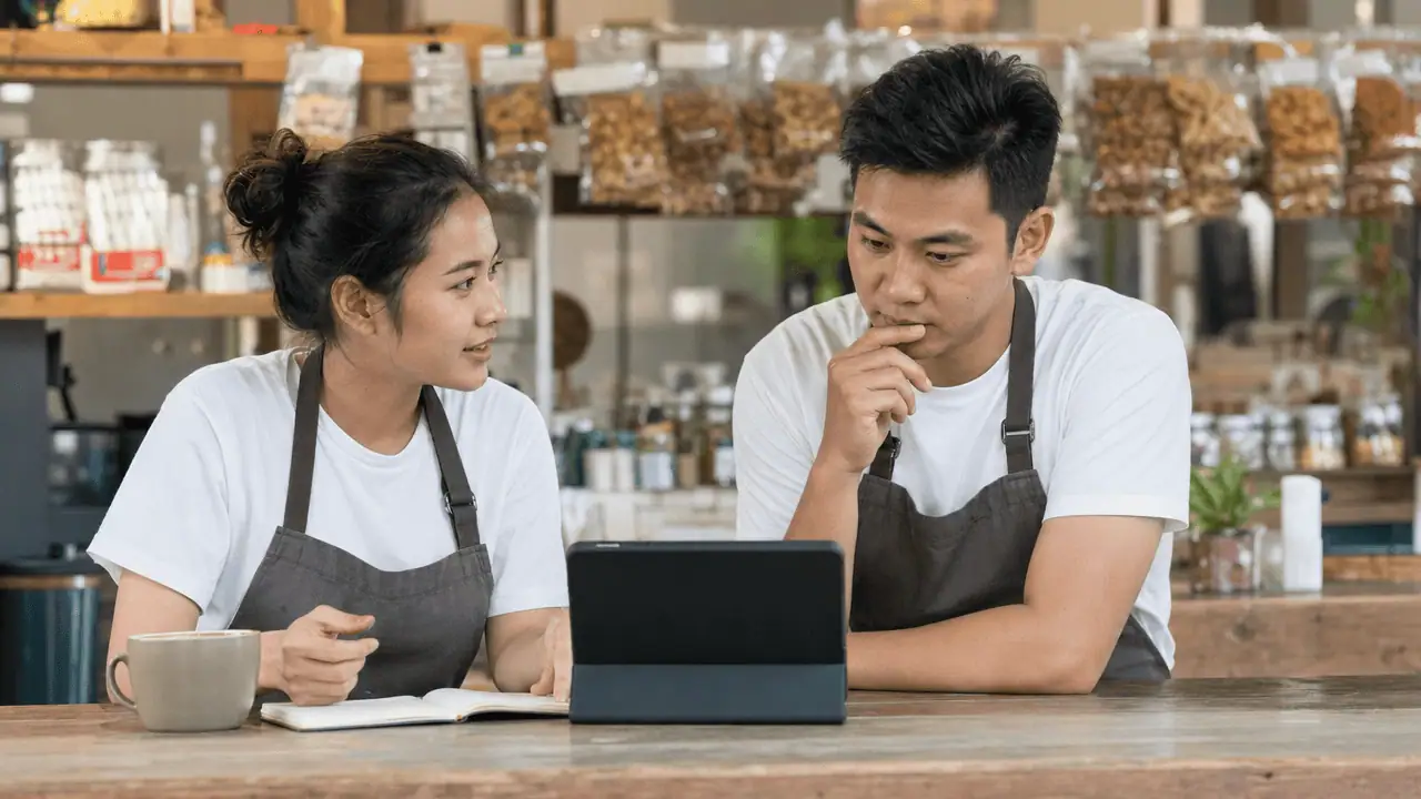 ประเภทโฆษณา Facebook มีอะไรบ้าง เลือกแบบไหนให้ตรงเป้า 2026 3 เจ้าของร้านสองคนนั่งปรึกษากันที่เคาน์เตอร์ร้าน วางแผนรูปแบบโฆษณา Facebook