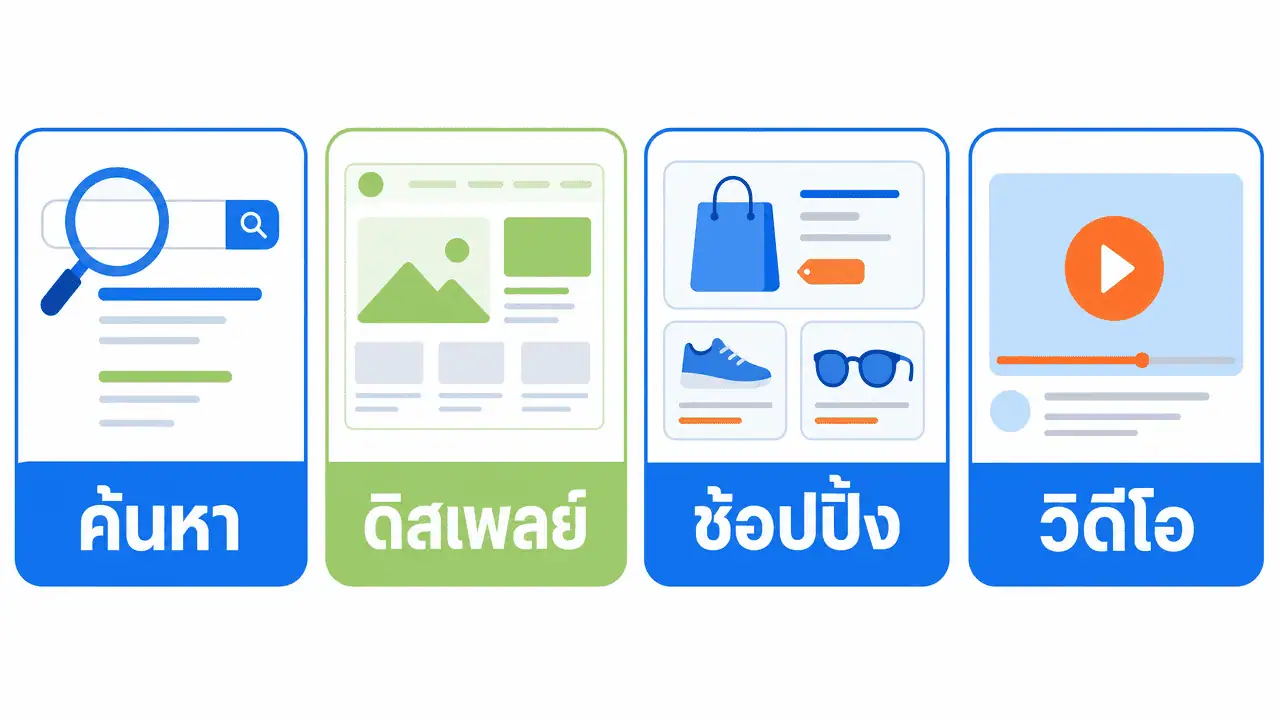Google Ads มีอะไรบ้าง? รวมประเภทแคมเปญครบ ปี 2026 3 ผังแสดงประเภทแคมเปญ google ads หลักที่ธุรกิจเลือกใช้งานได้