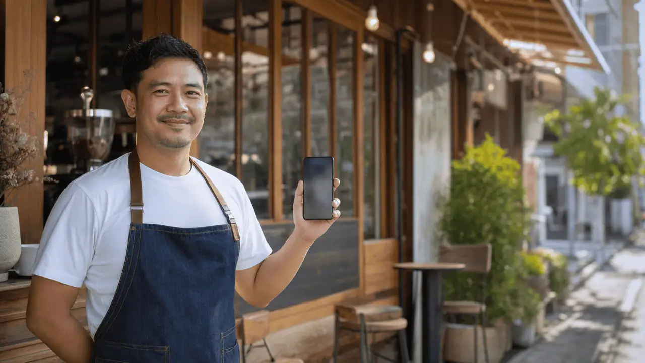 Google Ads มีอะไรบ้าง? รวมประเภทแคมเปญครบ ปี 2026 4 ภาพผู้ชายสวมเอี๊ยมยืนยิ้มหน้าร้านกาแฟ ถือสมาร์ทโฟนจอดับ/ว่างเปล่าในมือ — google ads มีอะไรบ้าง
