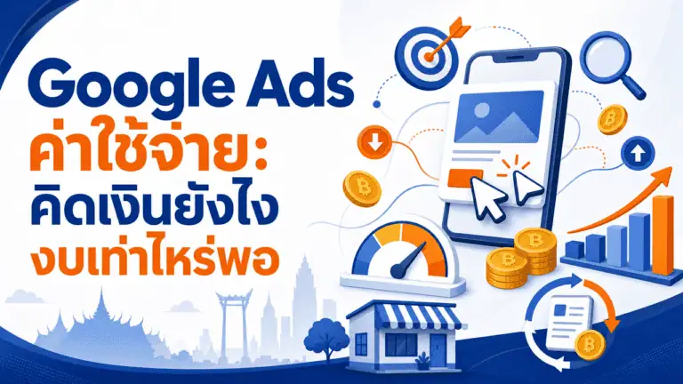 Google Ads ค่าใช้จ่าย 2026: คิดเงินยังไง งบเท่าไหร่พอ 2 เจ้าของร้านกาแฟยืนหน้าร้านถือมือถือ วางแผนเรื่อง google ads ค่าใช้จ่าย