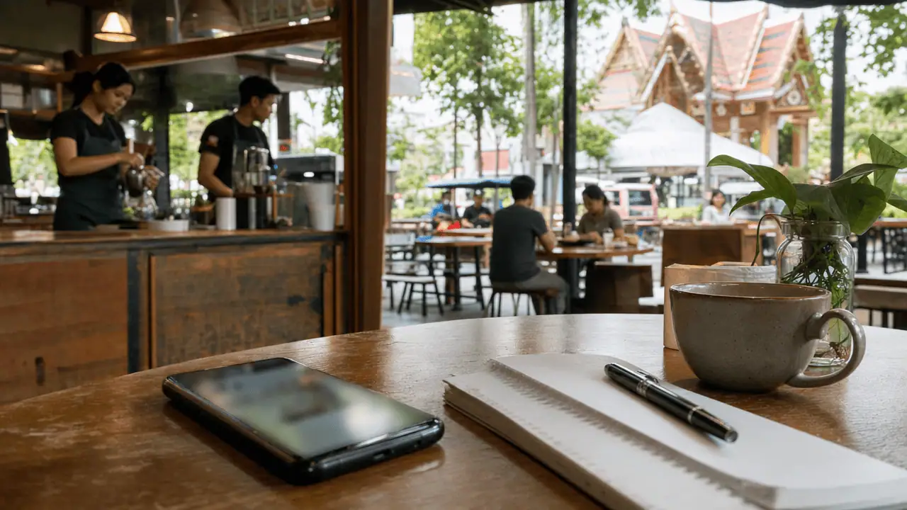 ข้อมูลร้าน Google Maps คืออะไร เช็ก-แก้ไขให้ถูก 2026 4 มือถือวางบนโต๊ะร้านกาแฟสำหรับตรวจสอบข้อมูลธุรกิจ Google