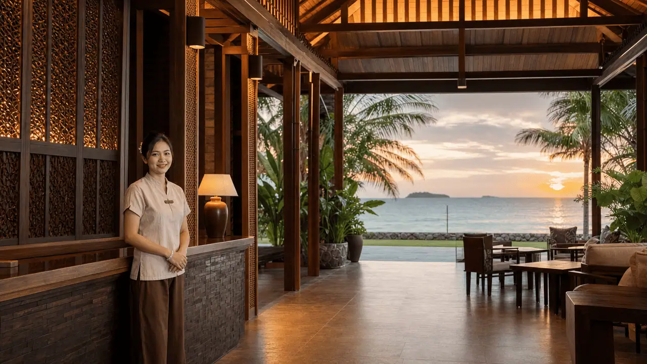 การตลาดออนไลน์ โรงแรม หาดใหญ่ 2026: ทำให้คนหาเจอและจองตรง 4 พนักงานต้อนรับรีสอร์ทริมทะเลสงขลา บรรยากาศการตลาดออนไลน์ รีสอร์ท สงขลา