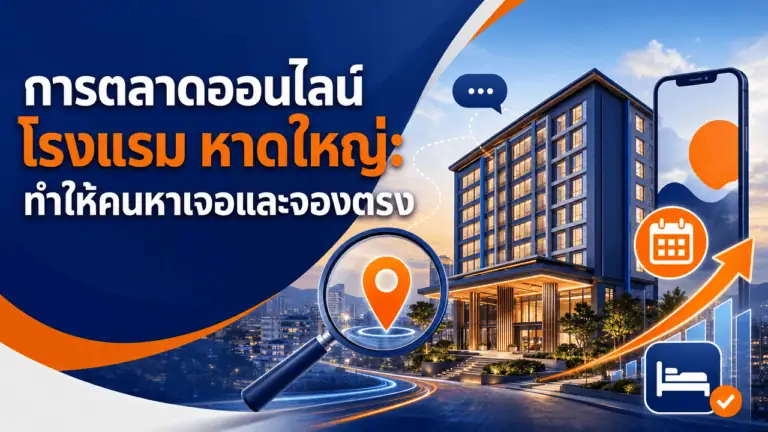 การตลาดออนไลน์ โรงแรม หาดใหญ่ 2026: ทำให้คนหาเจอและจองตรง 2 พนักงานโรงแรมหาดใหญ่ถือมือถือหน้าทางเข้า สื่อถึงการตลาดออนไลน์ โรงแรม หาดใหญ่