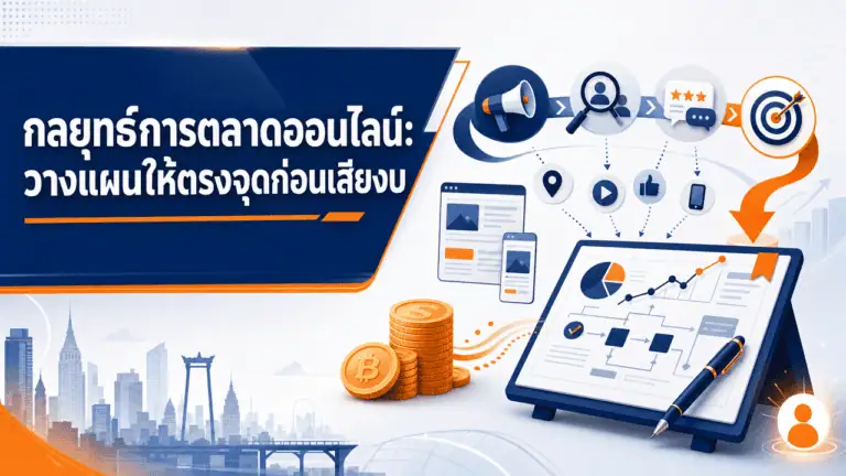 กลยุทธ์การตลาดออนไลน์ 2026: วางแผนให้ตรงจุดก่อนเสียงบ 2 เจ้าของธุรกิจกำลังวางกลยุทธ์การตลาดออนไลน์บนโต๊ะทำงาน