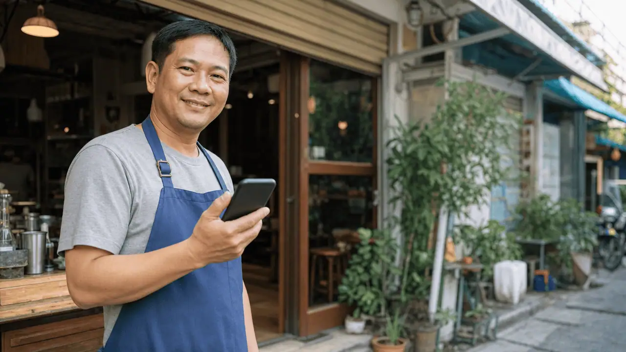 หน้าบริการเว็บไซต์คืออะไร เขียนยังไงให้ติดอันดับ 2026 4 เจ้าของร้านบริการยืนหน้าร้านถือมือถือในมือ ธุรกิจที่ต้องมีหน้าบริการเว็บไซต์ให้ลูกค้าหาเจอ